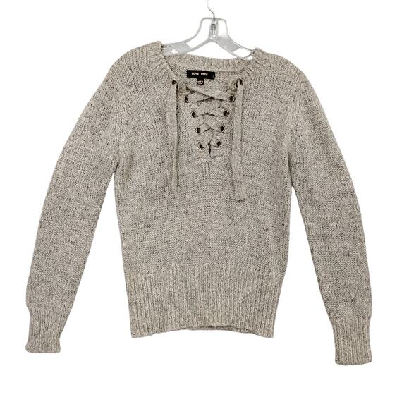 Love Tree Knit Oatmeal Sweater Top Size Small Lace Up V Neck Long Sleeve - Picture 3 of 8